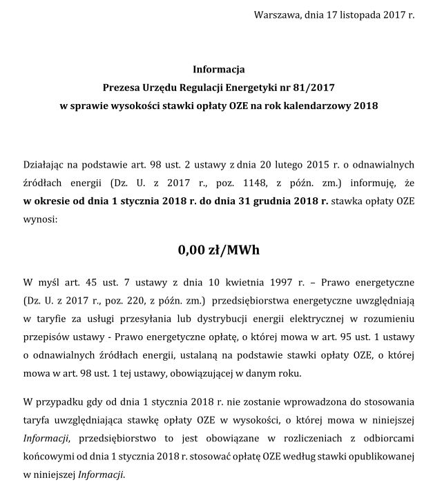 Informacja Prezesa URE 81/2017 w sprawie opłaty OZE
